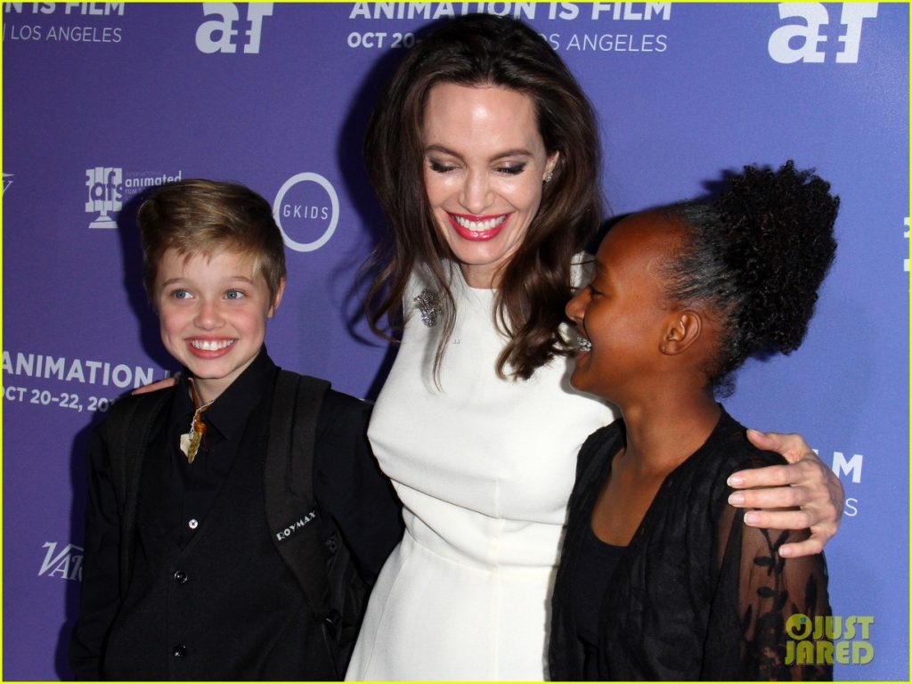 Angelina Jolie & Daughters Shiloh Jolie Pitt & Zahara Jolie Pitt at Breadwinner Red Carpet